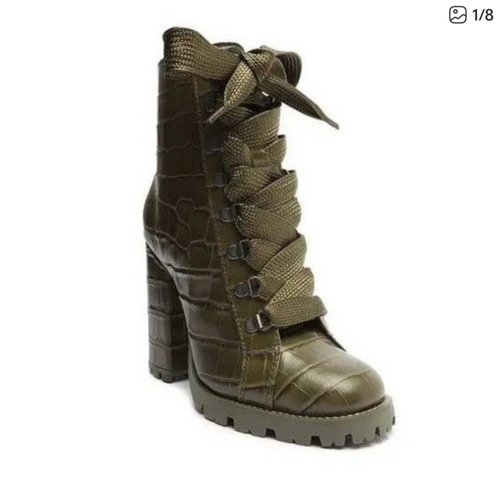 SCHUTZ Olive Green Croc-Embossed Lace-Up Block Heel Boots